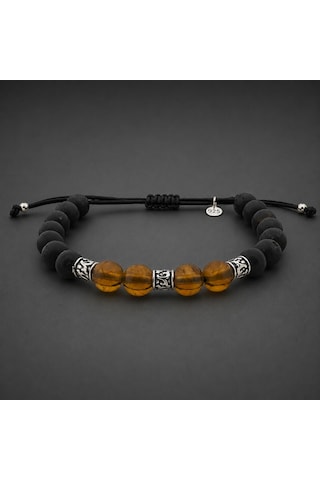Çift Ton Kehribar Doğal Taşlı 8mm - 925 Ayar Gümüş Detaylı Makrome Örgülü Erkek Bileklik - Hediye Kutulu
