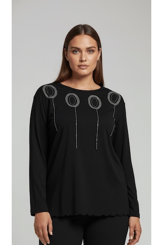 Taş Desenli Uzun Kollu Bambu Viskon Kumaş Bluz Siyah