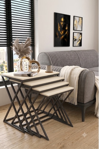 Masal 4'lü Zigon antrasit gri Metal Ayaklı krem Renk Mebran Mdf Üst Tabla 4'lü Zigon Sehpa Seti Salon /koltuk Altı Sehpa Yan Sehpa - C Sehba Modern - Siyah Metal Ayak