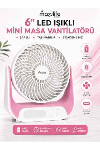 Breeze Mg-5146f Şarjlı Mini Masa Vantilatörü Led Işıklı 3 Kademeli Usb Type-c