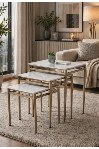 Gri Mermer Desen Membran Kaplama 3'lü Zigon Sehpa Takımı Cappuccino Metal Ayaklı Modern Sehpa Seti