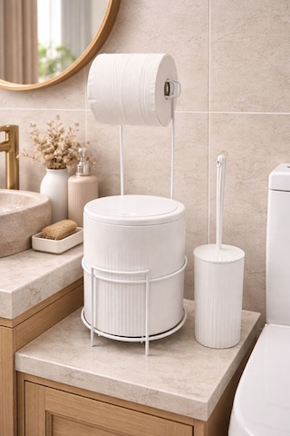 Modern Banyo Seti Kapaklı Çöp Kovası, Tuvalet Kağıtlığı Ve Wc Fırçası Minimal Tasarım Beyaz