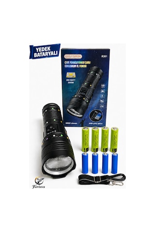 R301 Ultra Güçlü 200w Şarjlı El Feneri - 18650 Model Yedek Pilli Set, 3000m Menzil, Powerbank Özellikli Siyah