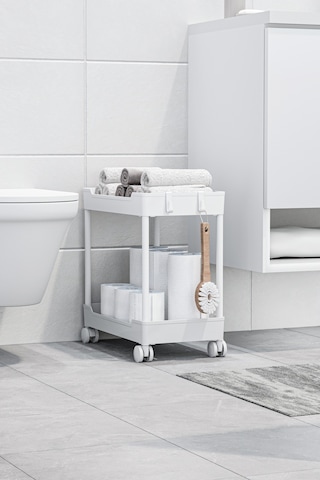 Beyaz 2 Katlı Tekerlekli Düzenleyici Mutfak Ve Banyo Rafı