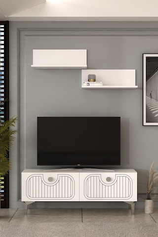 120dhdtür3ba 120 Cm Hera Lazer Desenli Raflı Tv Sehpası,ünitesi Beyaz - Gümüş