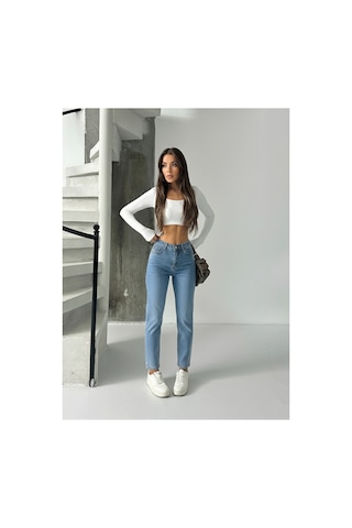 Bluemarlin Yüksek Bel Tam Kalıp Mom Jeans Pantolon Mavi