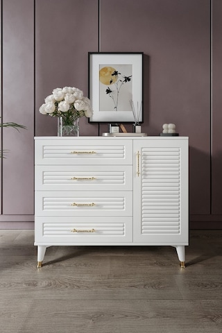 Panjurlu 4 Çekmeceli 1 Kapaklı Şifonyer Modern Tasarım, Mdf Kapak, Beyaz Gold Beyaz - Gold