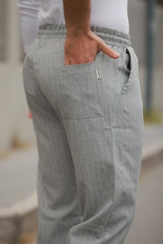 Erkek Beli Bağcıklı Çizgili Pantolon Gri