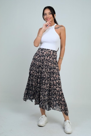 Kadın Beli Lastikli Astarlı Mini Çiçekli Midi Kraşlı Üçgen Etek-41724 Siyah