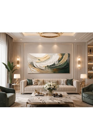 Lüx Gold & Zümrüt Yeşili Soyut Kanvas Tablo Modern Premium Panoramik Duvar Tablosu Salon, Ofis, Yatak Odası Dekorasyonu