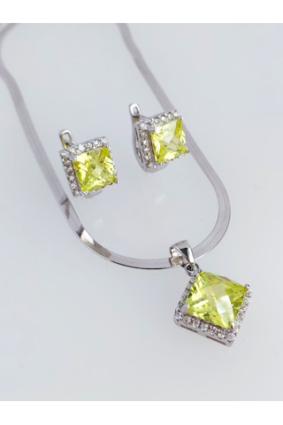 925 Ayar Gümüş Zebercet Peridot Doğal Taşlı Baget Tasarım Kadın Mücevher Set Kolye Küpe S.258