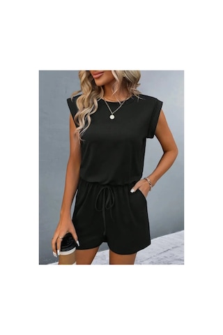 Butik İstanbul Kadın Kısa Kollu Vatkalı Belden Bağcıklı Kısa Viskon Tulum Siyah