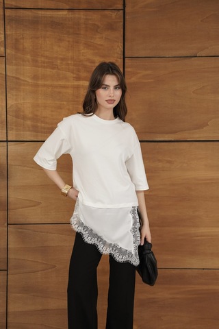 Verymoda Dantel Ve Saten Detaylı Asimetrik Tişört D2942 Krem