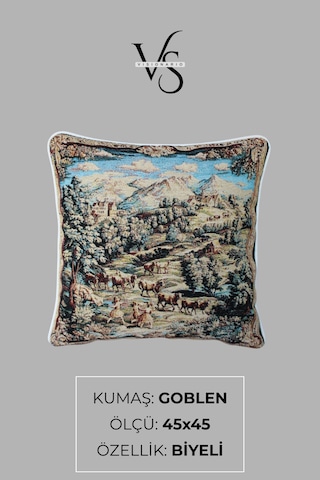 Kırlent Kılıfı Goblen Dokuma Kumaş - 45x45cm Çift Taraflı Biyeli Dekoratif Kırlent Kılıfı - Vs-304 Bej Renk Uyumlu Çok Amaçlı Yastık Minder