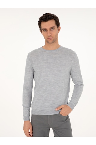 Cacharel Açık Gri Slim Fit Bisiklet Yaka Yün Karışımlı Basic Triko Kazak