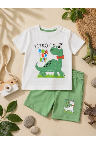 Durukoza Erkek Bebek Dinozor Baskılı Şortlu Takım %100 Pamuk Yazlık Omuz Düğmeli Beyaz - Yeşil