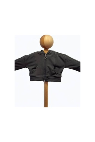 Kız Çocuk Pamuklu Crop Fermuarlı Kapuşonlu Hırka-15454 Füme