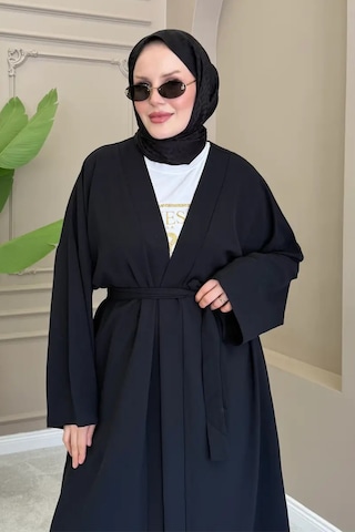 Balenbi Kadın Kuşaklı Kimono Hırka Bol Paça Pantolon Takım Tesettür 2'li Kombin 1230 Siyah