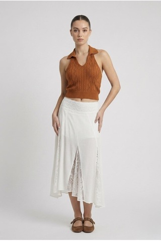 Neden Tekstil Kadın Polo Yaka Sırt Dekolteli Crop Bluz - Camel