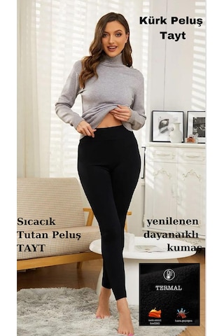 Lüx Wood Içi Peluşlu Kışlık Termal Sıcacık Tutan Kadın Peluş Tayt Siyah Siyah
