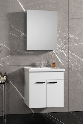 Çiğdem Kulplu 55 Cm Beyaz Mdf Seramik Lavabolu Asma Banyo Dolabı Takımı