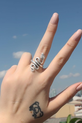 Yılan Figürlü Metal Ayarlamalı Antik Yüzük Antik Gümüş