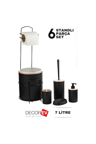 Decorev Büyük Banyo Standlı 6'lı WC Seti 7 Litre Çöp Kovası, Siyah Beyaz