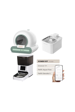 Groove Ti+ Akıllı Otomatik Kedi Tuvaleti Yeşil - Petfit Aqua Flow Akıllı Bataryalı Su Pınarı Çeşmesi + Petfit Elevate X Akıllı Otomatik Mama Kabı Bundle