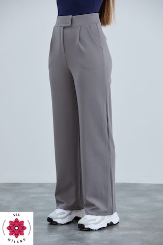 Kadın Gri Cırt Cırtlı Kapama Rahat Palazzo Likralı Esnek Beli Lastikli Pantolon Yüksek Bel Gri