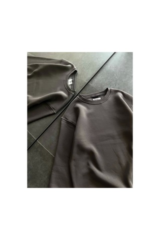 Butik İstanbul Kışlık Bisiklet Yaka Üç İplik Basic Sweatshirt - Füme