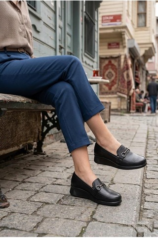 Mehmet Mete 4286 Comfort Rahat Hakiki Deri Loafer Kadın Ayakkabı Siyah