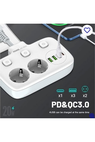 Akım Korumalı 2'li Ayrı Anahtarlı Priz, 2x Priz, 3x Usb, 1x Type-c, 2 Mt Kablo, Hızlı Şarj 2 M