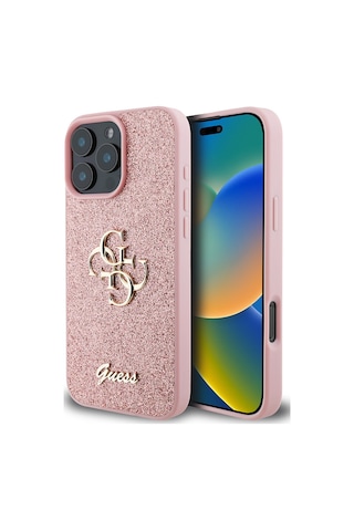 Apple Uyumlu iPhone 16 Pro Kılıf Guess Lisanslı 4g Büyük Metal Logolu Glitter Kapak Pembe