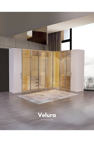 Tress 9 Cam Kapaklı Köşe Gardırop Dolap Krem