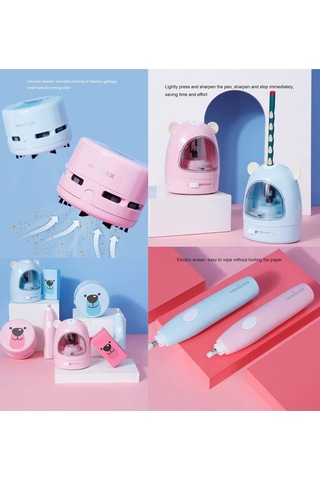 Yifomall Öğrenci Elektronik Ofis Seti: Otomatik Kalem Kesici, Silgi Ve Masa Süpürgesi - Pembe Plastik