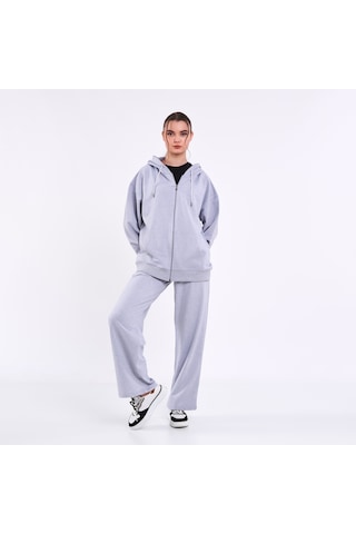 Mmetalic Kadın Gri Normal Kalıp Basic Beli Lastikli Kapüşonlu Oversize Mevsimlik Alt Üst Eşofman Takımı