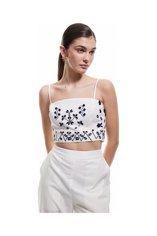 Koton Slim Fit Pamuklu Etnik Desenli İnce Askılı Crop Büstiyer Mavi Desenli 5sak30020pw Mavi Desenli