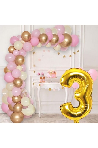 3 Yaş Krom Gold Pastel Pembe Ve Beyaz Balon Seti Gold Rakamlı Doğum Günü Balonu Şık Parti Süsleme Çok Renkli