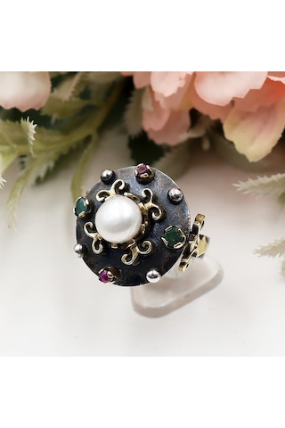 Yakut Ve Zümrüt Taşlı Otantik El Yapımı İncili Set Rose Gold - Gümüş