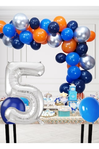 5 Yaş Kozmik Temalı Doğum Günü Seti Kozmik Mavi Turuncu Gümüş Mavi Balonlar Gümüş Folyo Rakam Çok Renkli