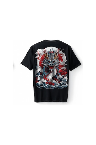 Bumeta Japon Ejderhası Baskılı Oversize Unisex Tişört T-shirt Siyah