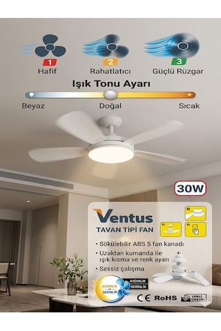 Ventus Sessiz Çalışma 5 Fan Kanat Ve Işıklı Uzaktan Kumandalı Tavan Tipi Vantilatör