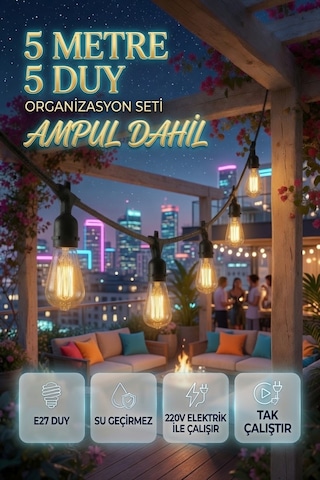 5 Metre 5 Duy Organizasyon Seti St64 4w E27 Ampul Dahil Su Geçirmez 220v Bahçe Teras Festoon Dış Mekan Işık Zinciri Siyah