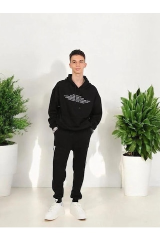 Erkek Çocuk Yazılı Kapüşonlu Sweatshirt-15238 Siyah