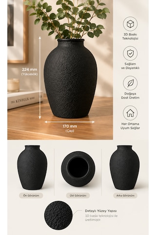 Dekoratif Vazo Modern Dokulu Tasarım 224 Mm Siyah