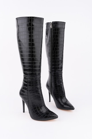 Muggo Zest Kroko Desenli Sivri Burun Fermuarlı İnce Topuklu Kadın Çizme siyah