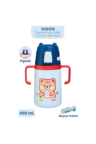 400 Ml 316l Paslanmaz Çelik Pipetli Çocuk Termosu Taşıma Kulplu Askılı Çift Duvar -ffr400ml4011 Lacivert