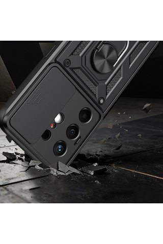 Tecno Camon 50 Kılıf Magnetik Standlı Kamera Korumalı Zore Sürgülü Vega Kapak - Siyah