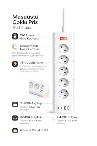 3680w 1050j Akım Korumalı 5li Priz 2 Usb 2 Type-c 3.4a Dokunmatik Led Anahtarlı 2m Kablo Çoklu Priz Standart