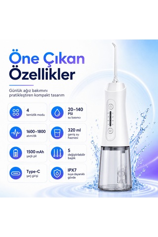 Şarjlı Ağız Duşu 320 Ml Su Hazneli 4 Modlu 20-140 Psı 1500 Mah Type-c Ipx7 5 Başlıklı Taşınabilir Ağız Bakım Cihazı